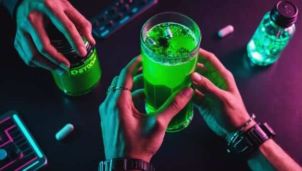 Depiction of hands of two people drinking detox drinks for drug test